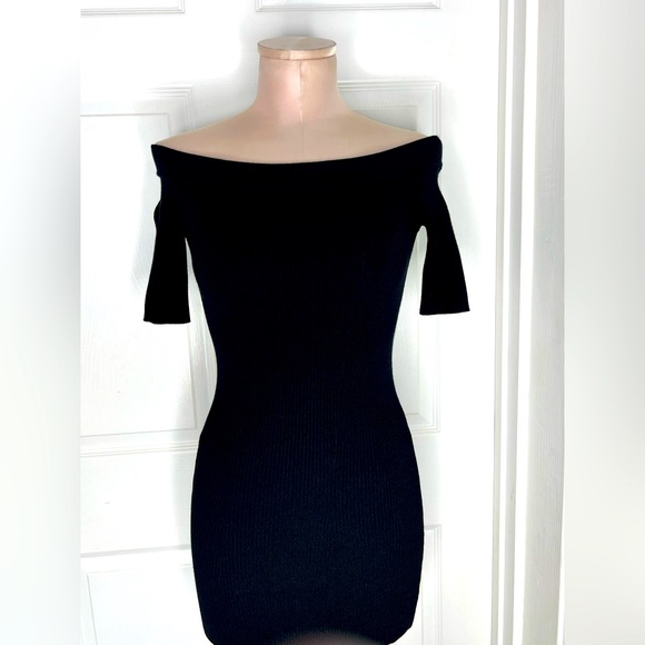 All Saints off shoulder black ribbed Midi dress. - Picture 3 of 11